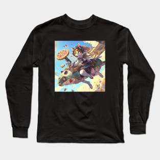 Funny Cute Cat Flying and Eating Pizza - Anime Style Art Birthday Gift ideas For Anime Lovers Long Sleeve T-Shirt